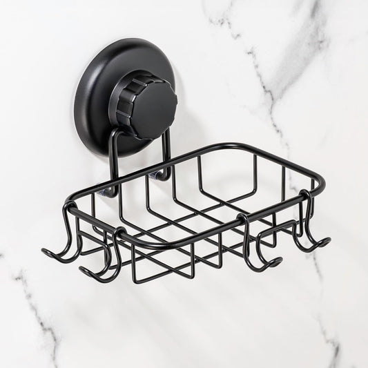 HASKO 2 Pack Suction Cup Soap Dish for Shower Wall, Rustproof Stainless Steel, Shower Soap Holder with Hooks, Includes Optional No Drill Adhesive Mount for Bathroom, 2 Soap Savers, Black
