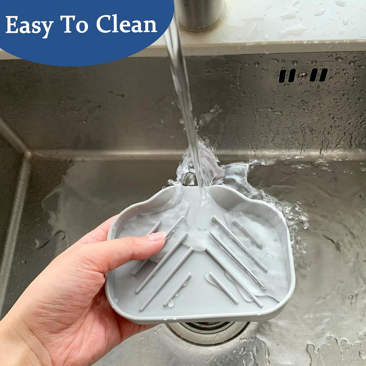2 Pack Silicone Soap Dishes with Drain, Waterfall Drying Trays, Self-Draining Soap Bar Holders for Shower, Bathroom and Kitchen Sink, Gray