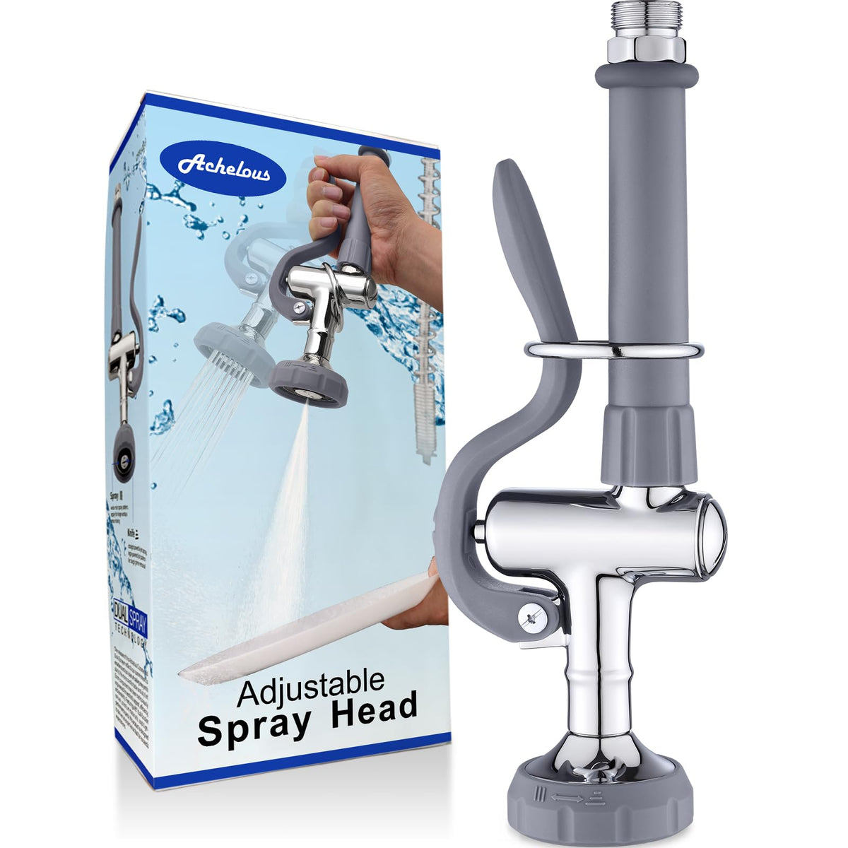Achelous Pre Rinse Sprayer Commercial Adjustable Dual Jet & Mist Function Sink Sprayer Replacement for Restaurant, Hotel, Coffee Shop and Other Heavy-Duty Professional Kitchens, Brass Chrome (Grey)