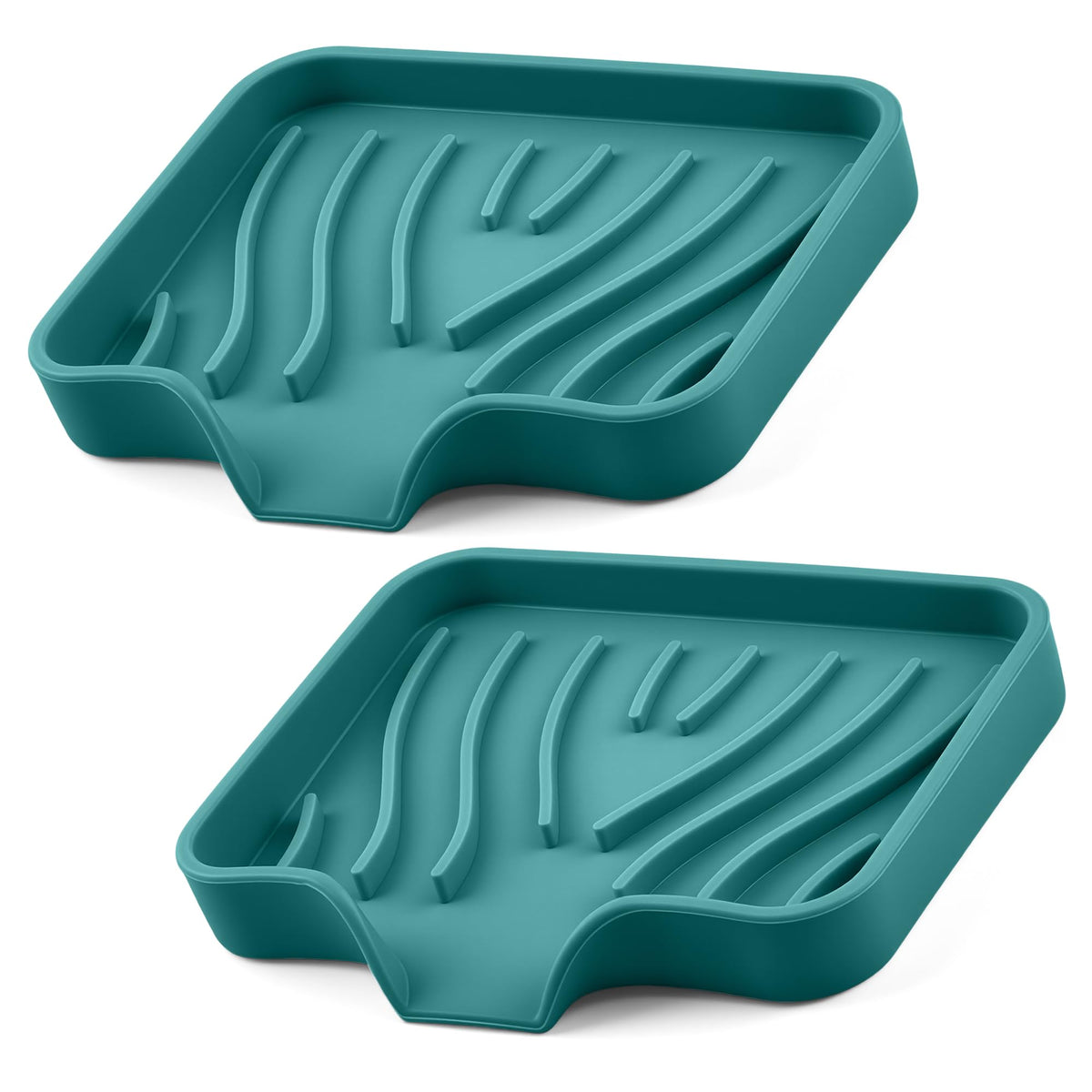 Silicone Soap Dish with Drain Spouts, Bar Soap Holder, Self-Draining Sink Organizer Kitchen Sponge Tray, Non-Slip Dispensers for Bathroom, Kitchen (Grey, 2 Short)