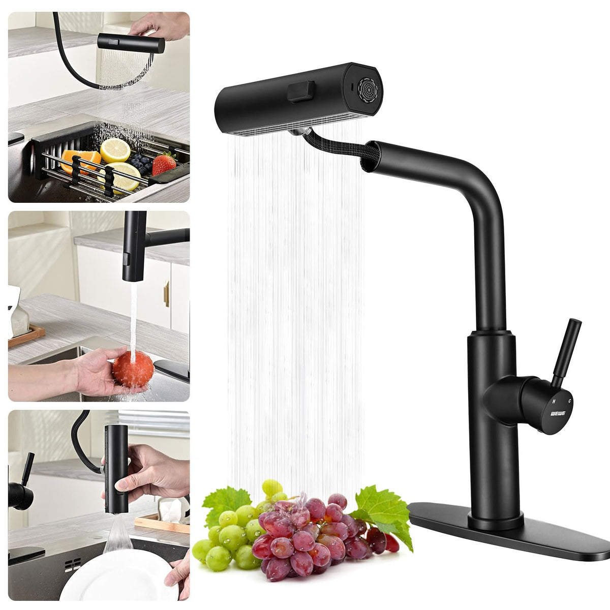 WEWE Pull-Down Kitchen Faucet, 3-Mode Sprayer, Brushed Nickel, High Arc