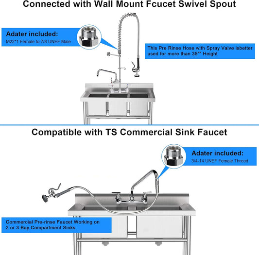 Pre Rinse Spray Valve with 60'' Stainless Hose Commercial Sink Faucet with Sprayer Nozzle Head with Flexible Hose Replacement Kit for Dishwasher Restaurant Wall Mount Kitchen Industrial- Gray