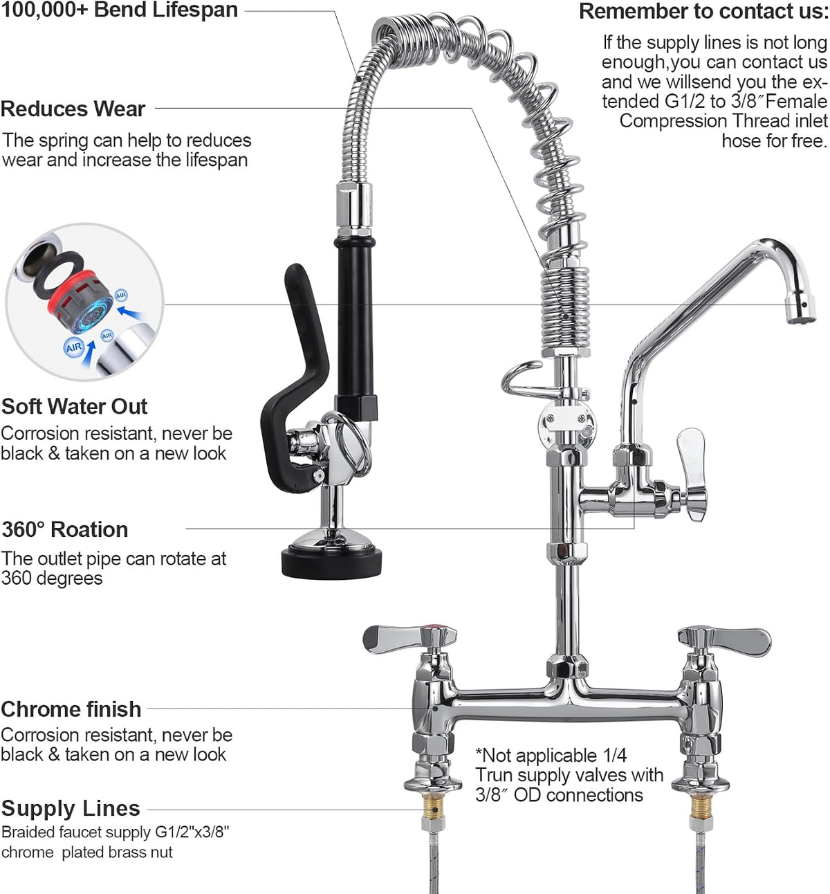 Commercial Kitchen Faucet Deck Mount with Pre-Rinse Sprayer 21" Height Kitchen Sink Faucet 8 Inch Center with 10" Add-on Swing Spout Faucet & Coiled Spring Pull Down Spray