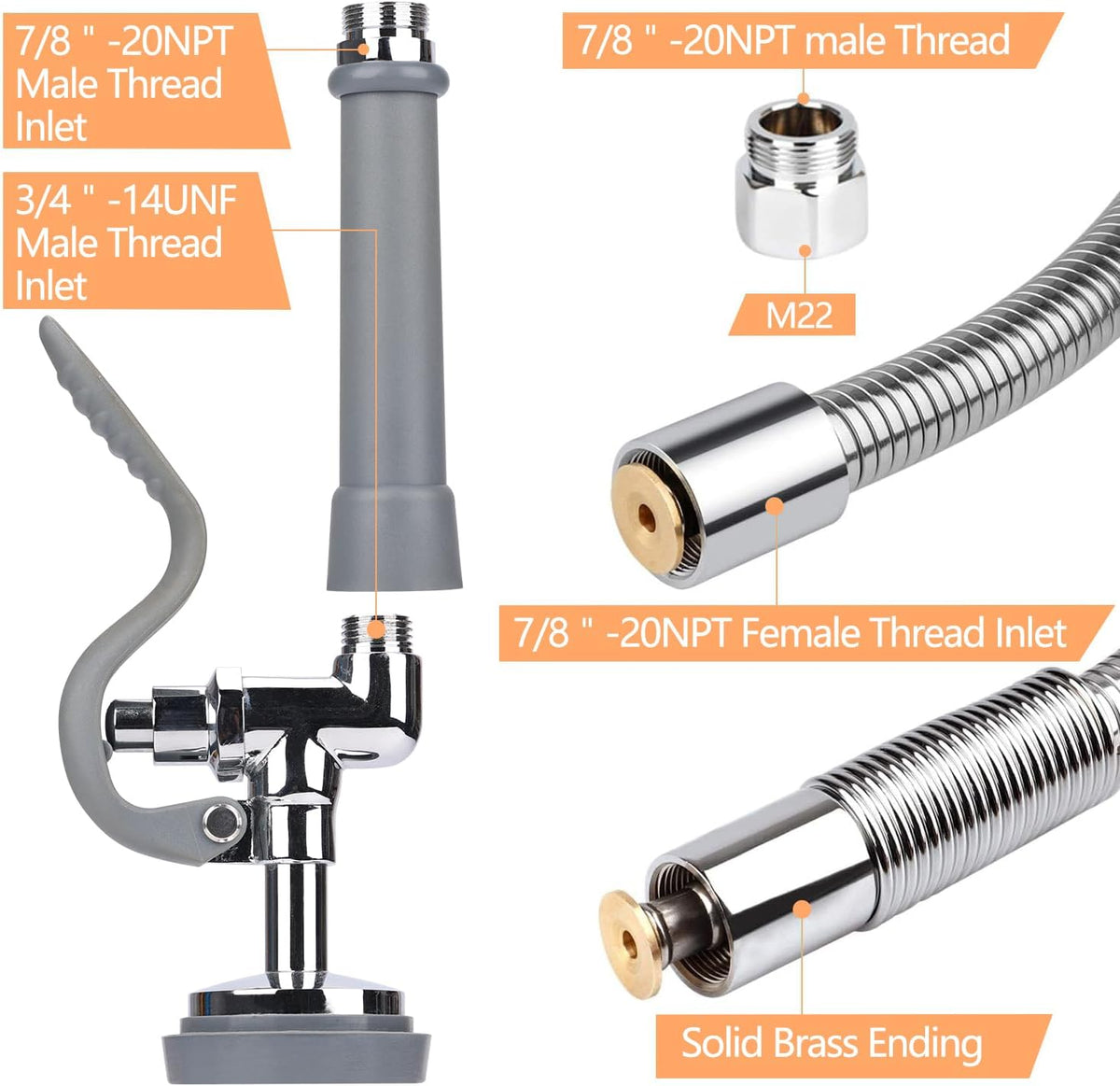 COOLWEST Commercial Pre-Rinse Hose with Sprayer 38 Inch Flexible Stainless Hose with Spray Valve Replacement Kit for Wall Mount Commercial Kitchen Sink Faucet(Grey)