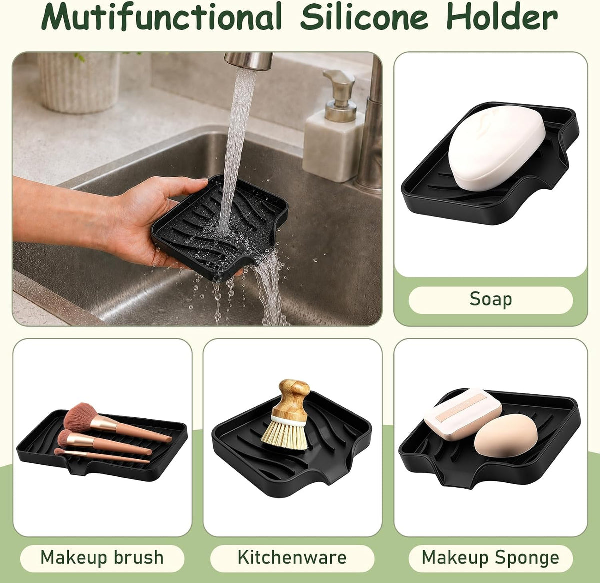 Silicone Soap Dish with Drain Spouts, Bar Soap Holder, Self-Draining Sink Organizer Kitchen Sponge Tray, Non-Slip Dispensers for Bathroom, Kitchen (Grey, 2 Short)