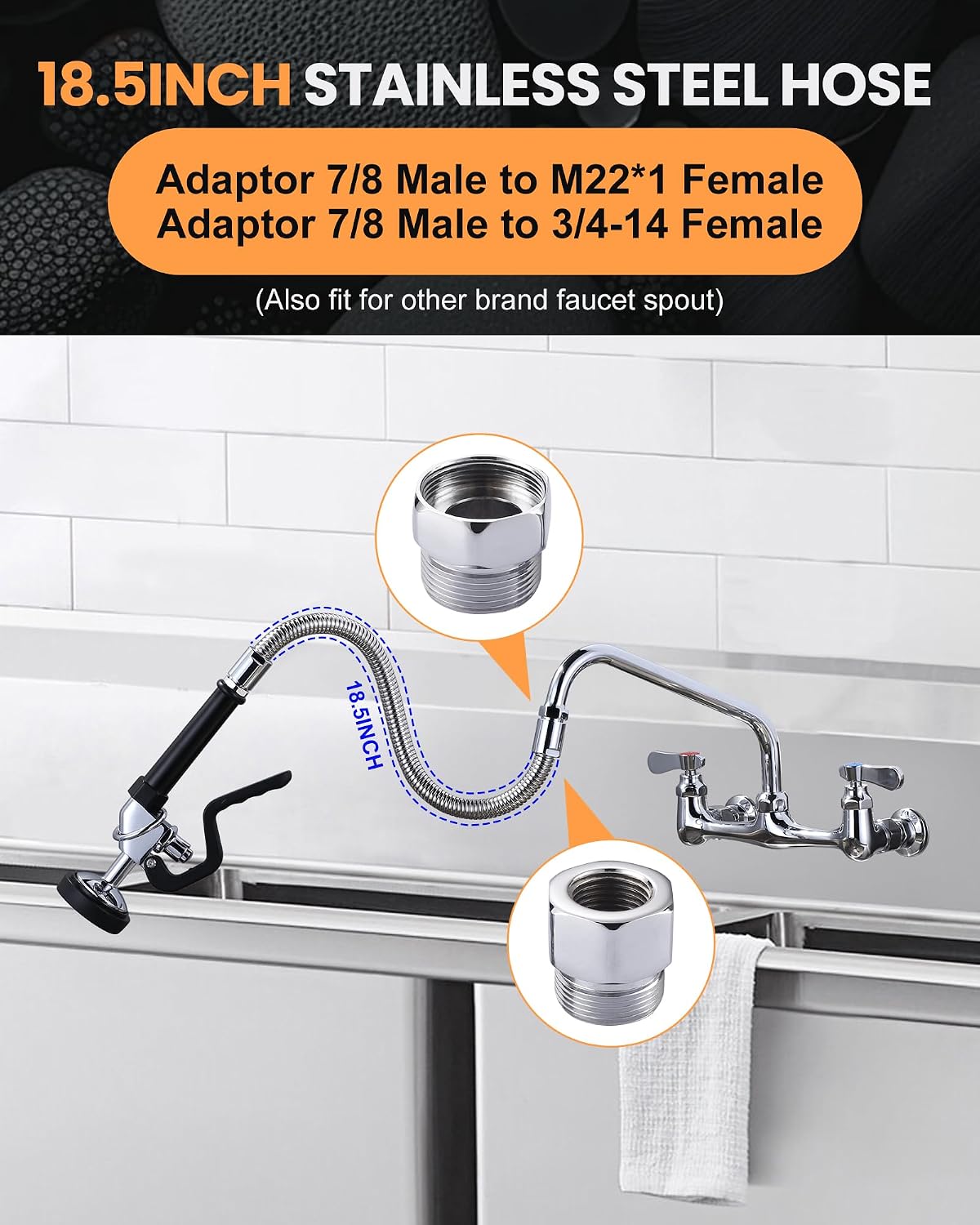 Pre Rinse Spray Valve with 18.5" Flexible Stainless Steel Hose, 1.42 GPM High Pressure Commercial Sink Sprayer Nozzle with Pre-rinse Sprayer Hose, Black 7/8"-20UNEF Handle Assembly