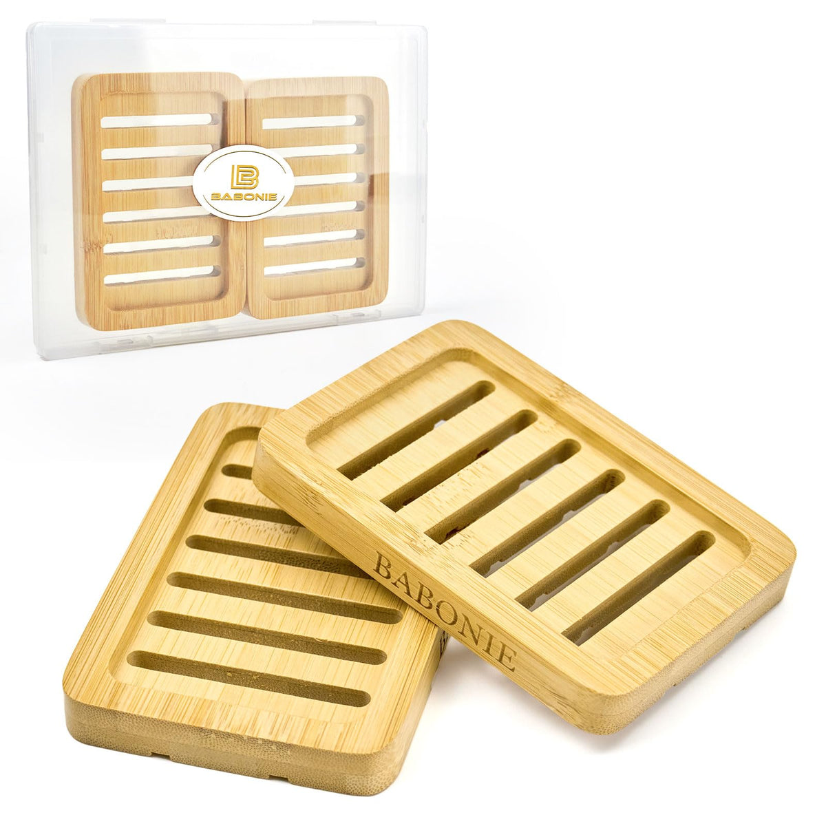 2 Pack FSC Bamboo Soap Dish, Slotted Self-Draining Bar Soap Holder