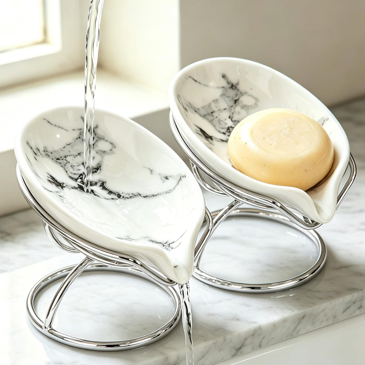 Dobbyby Leaf-Shaped Soap Dish – Premium Ceramic Soap Bar Holder with Self-Drainage System – Bar Soap Holder for Shower, Bathroom Sink, Kitchen – Waterfall Soap Dish with Stainless Steel Stand (Black)