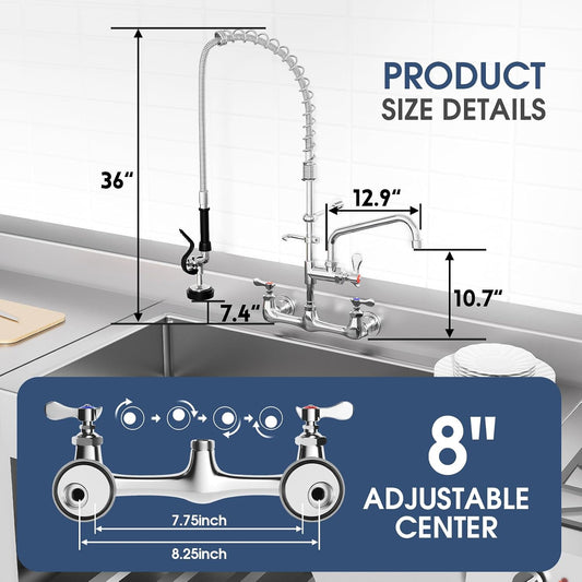 Commercial Wall Mount Kitchen Faucet with Pull Down Pre-Rinse Sprayer, Adjustable Swing Spout, Heavy-Duty Utility Sink Tap for Restaurant, Bar, 3 Compartment Sinks