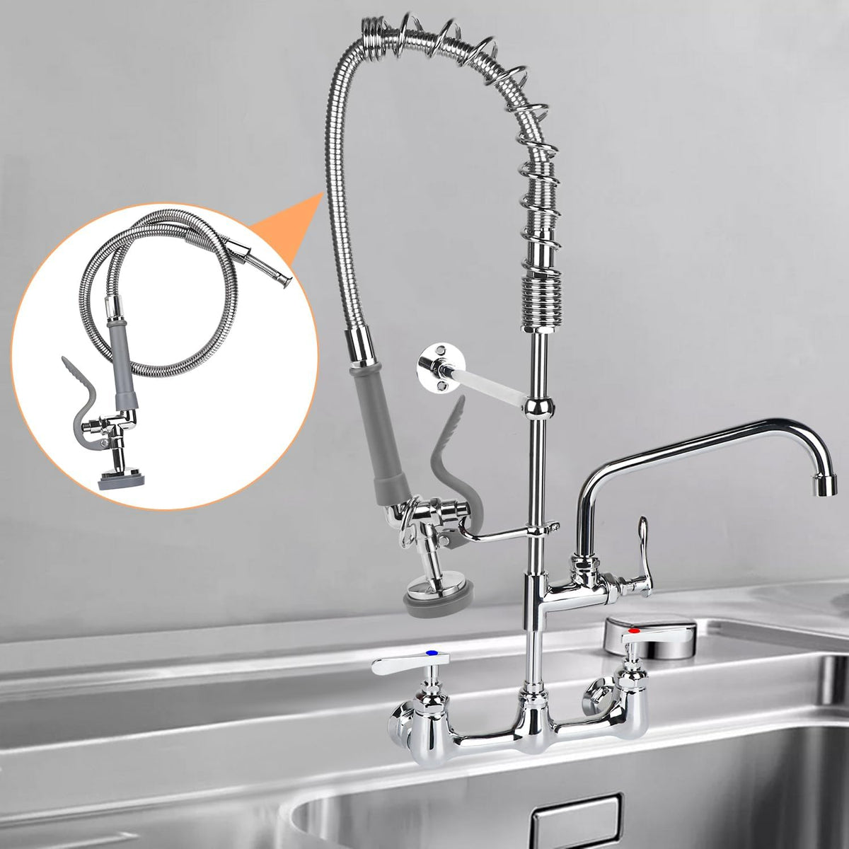 COOLWEST Commercial Pre-Rinse Hose with Sprayer 38 Inch Flexible Stainless Hose with Spray Valve Replacement Kit for Wall Mount Commercial Kitchen Sink Faucet(Grey)