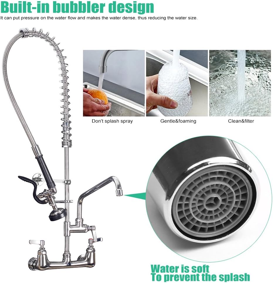 Commercial Sink Faucet with Sprayer 36 inch Commercial Faucet Pre Rinse Sprayer 8 inch Wall Mount Center with 12 inch Add on Spout