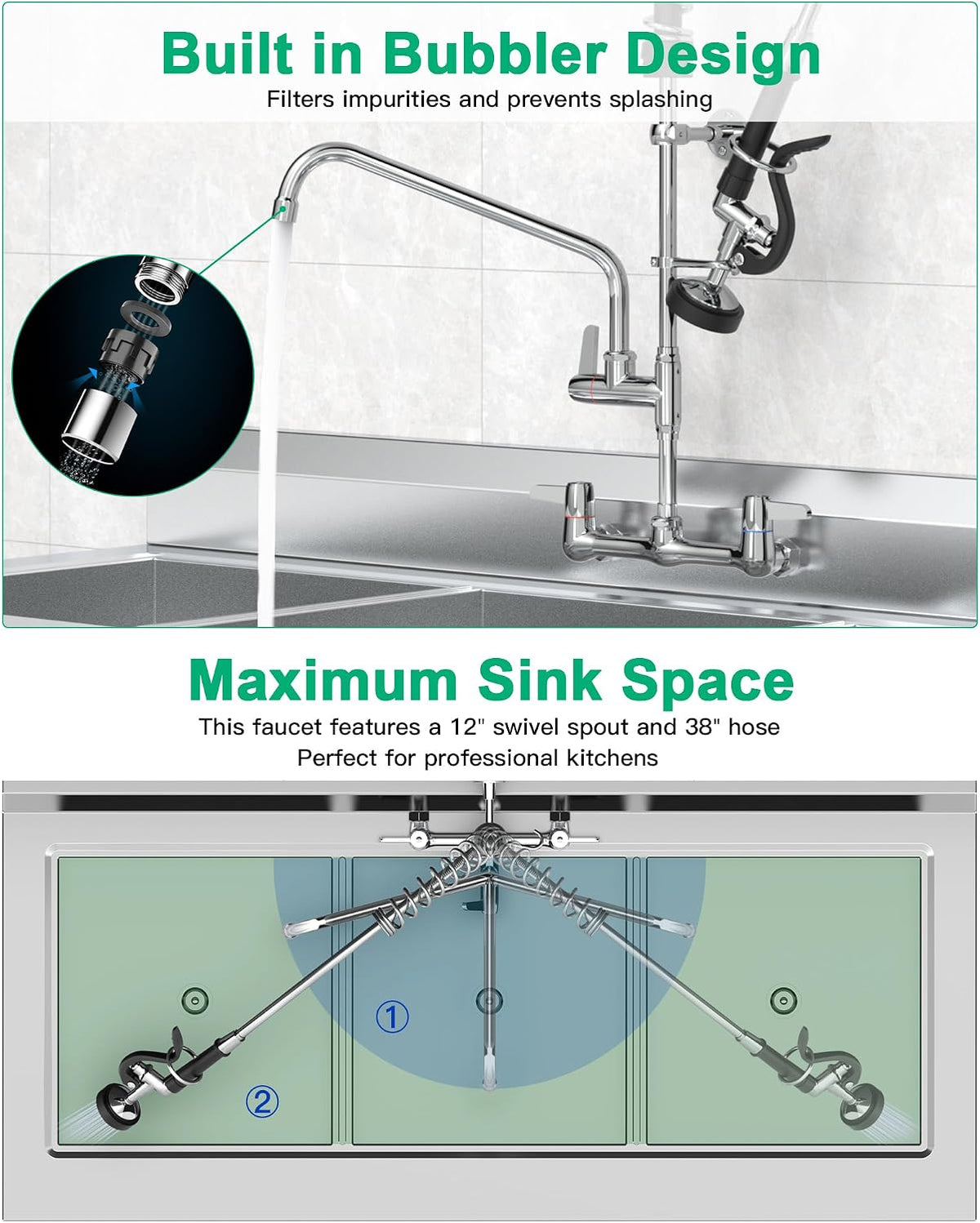 Commercial Sink Faucet with Pre-Rinse Sprayer -Height Adjustable (33-43 inch) Wall Mount Industrial Kitchen Faucet 8 inch Center with Pre-Rinse Sprayer and 12 Inch Swivel Spout