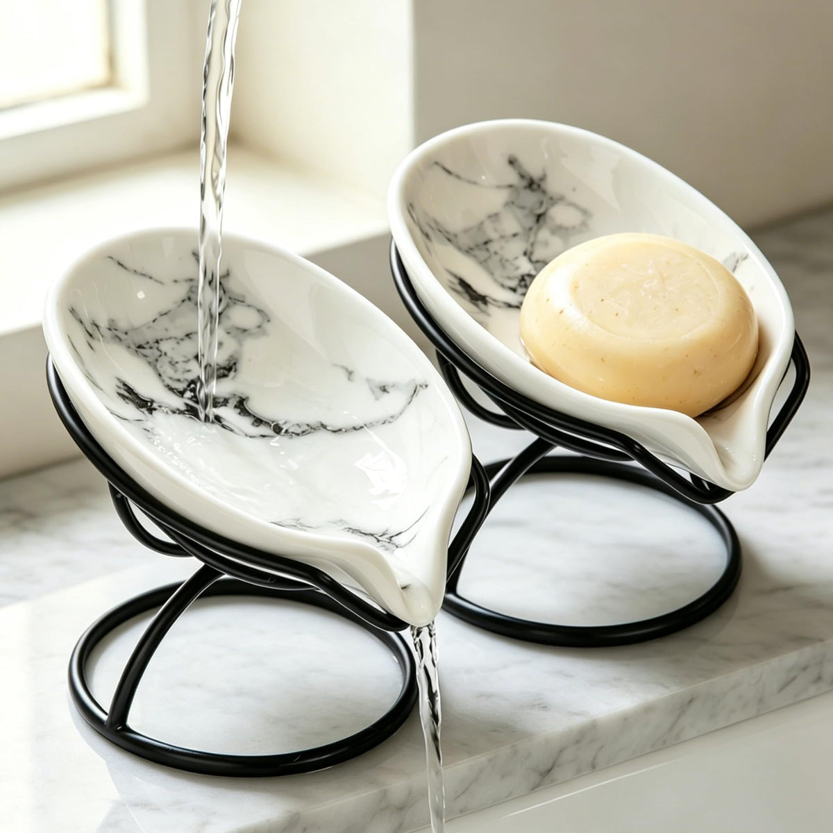 Dobbyby Leaf-Shaped Soap Dish – Premium Ceramic Soap Bar Holder with Self-Drainage System – Bar Soap Holder for Shower, Bathroom Sink, Kitchen – Waterfall Soap Dish with Stainless Steel Stand (Black)