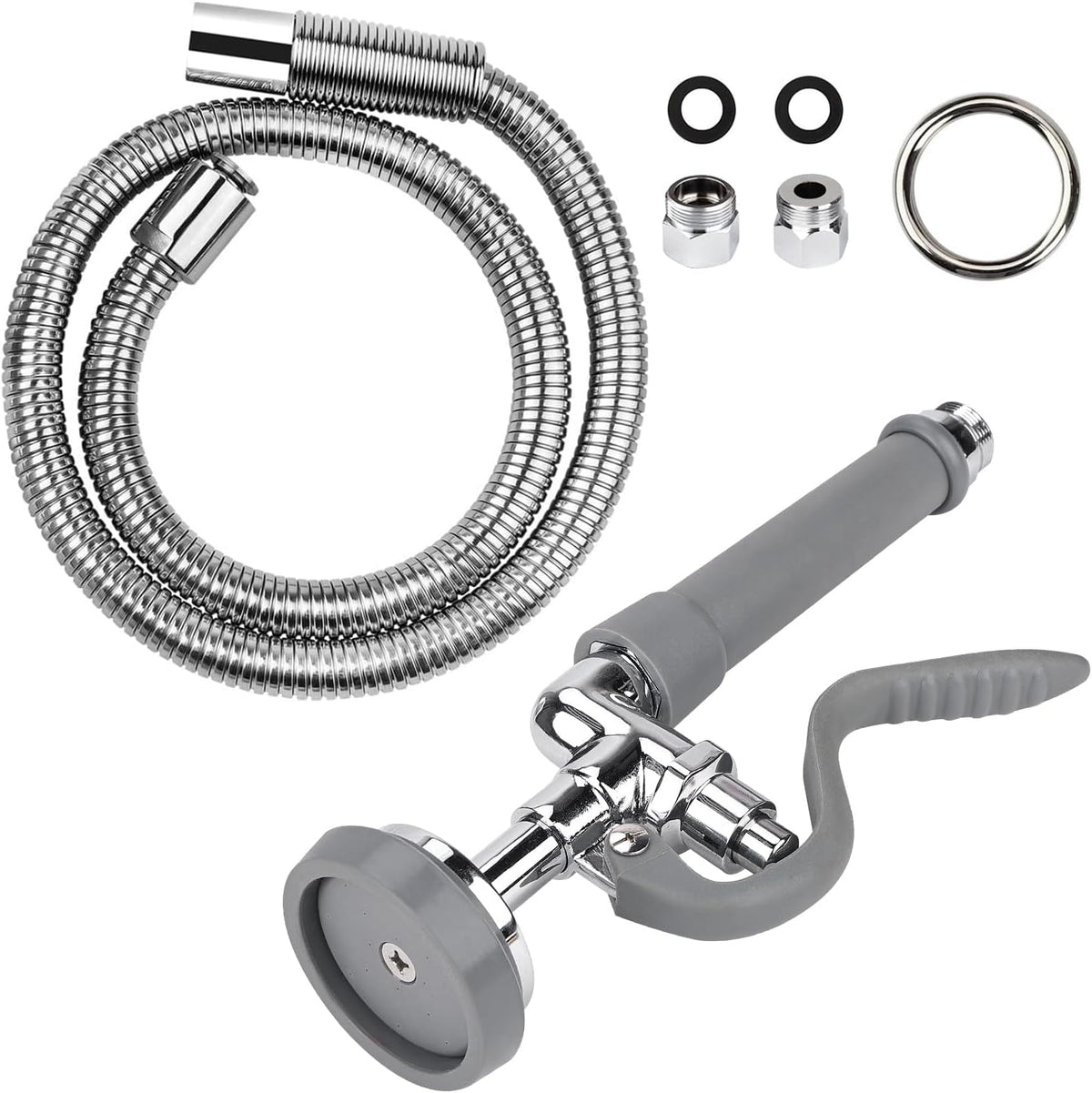 COOLWEST Commercial Pre-Rinse Hose with Sprayer 38 Inch Flexible Stainless Hose with Spray Valve Replacement Kit for Wall Mount Commercial Kitchen Sink Faucet(Grey)