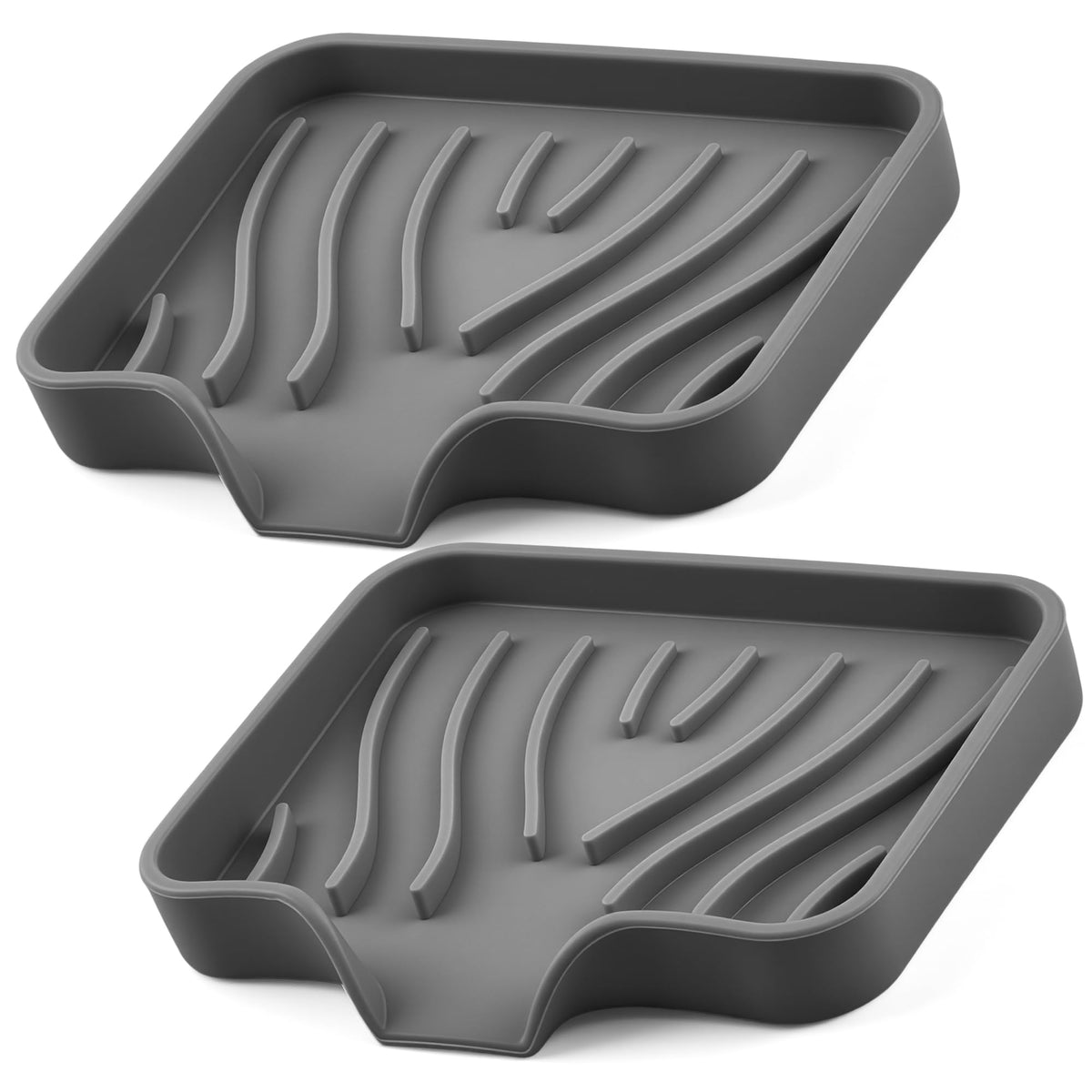 Silicone Soap Dish with Drain Spouts, Bar Soap Holder, Self-Draining Sink Organizer Kitchen Sponge Tray, Non-Slip Dispensers for Bathroom, Kitchen (Grey, 2 Short)