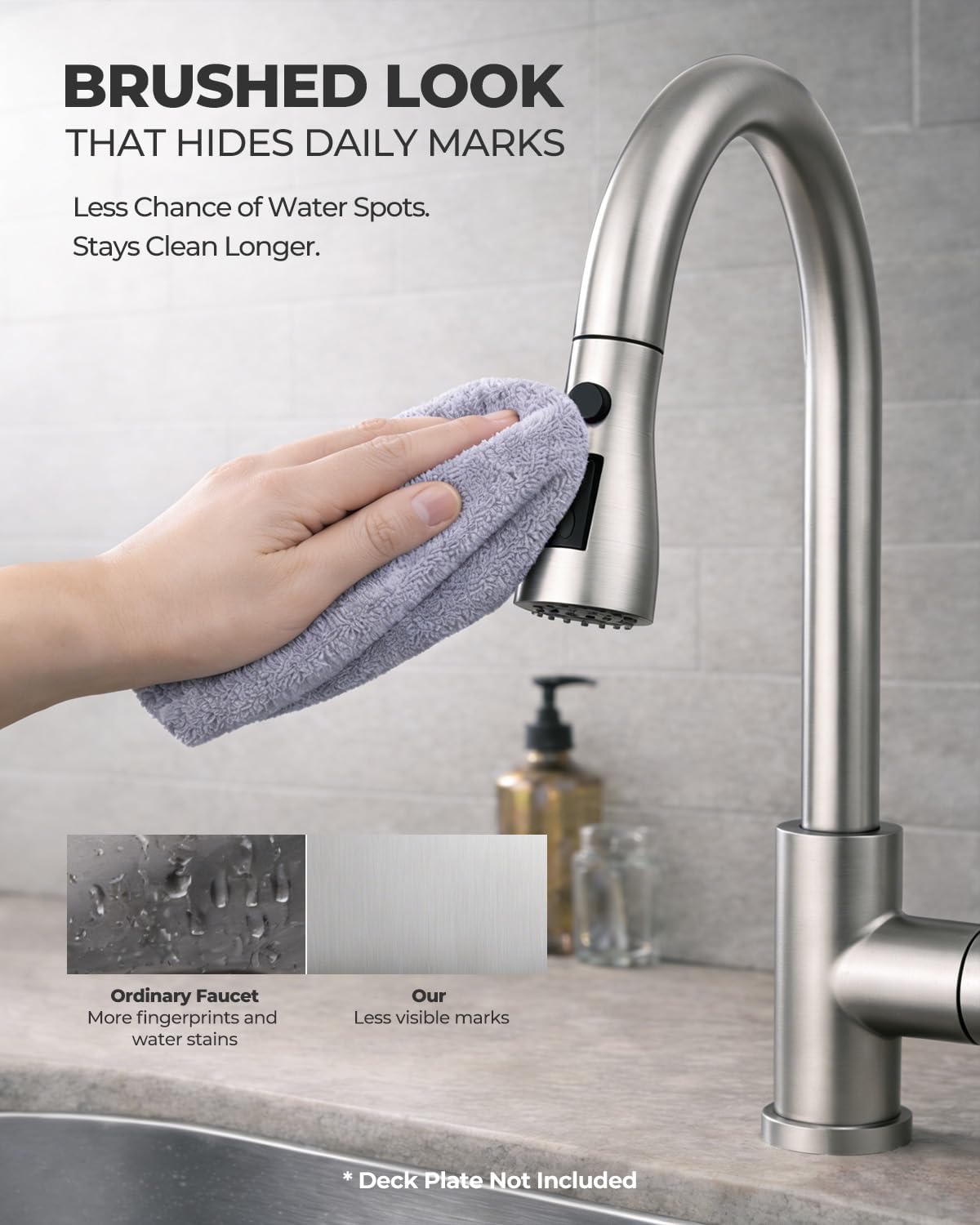 WEWE Pull-Down Kitchen Faucet, 3-Mode Sprayer, Brushed Nickel, High Arc