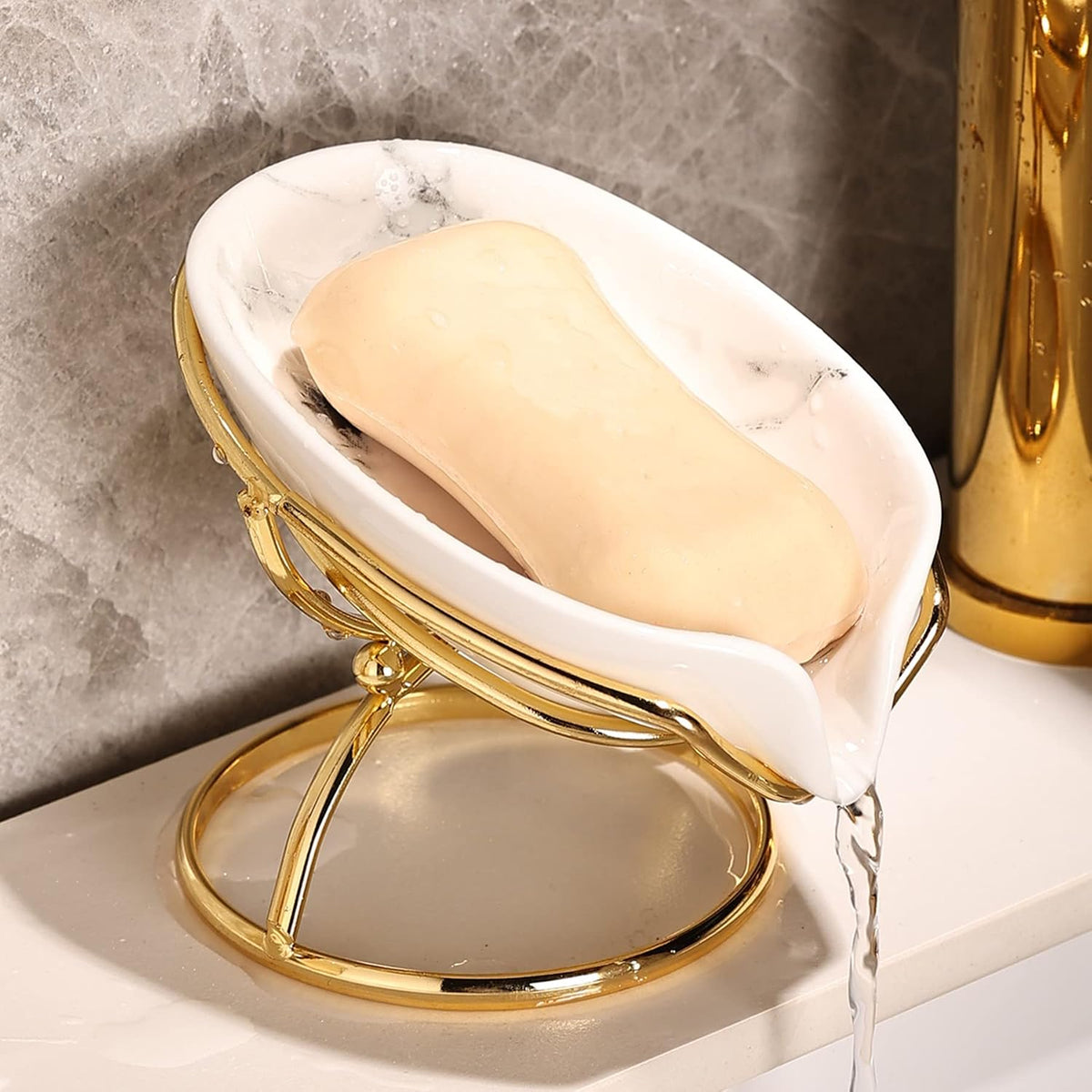Dobbyby Leaf-Shaped Soap Dish – Premium Ceramic Soap Bar Holder with Self-Drainage System – Bar Soap Holder for Shower, Bathroom Sink, Kitchen – Waterfall Soap Dish with Stainless Steel Stand (Black)