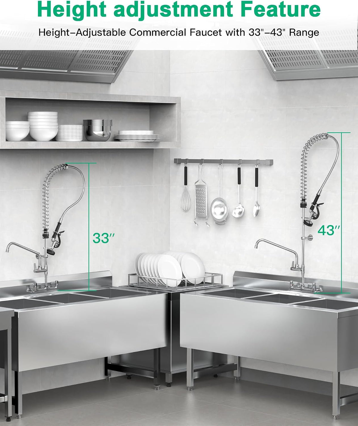 Commercial Sink Faucet with Pre-Rinse Sprayer -Height Adjustable (33-43 inch) Wall Mount Industrial Kitchen Faucet 8 inch Center with Pre-Rinse Sprayer and 12 Inch Swivel Spout