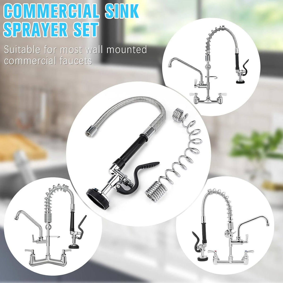 Spray Valve with 20" Flexible Stainless Steel Hose & Pre-Rinse Overhead Spring, Commercial Faucet Flexible Hose with Spray Head Replacement Kit For 20" 21" 25" 27" Height Comercial Sink Faucet