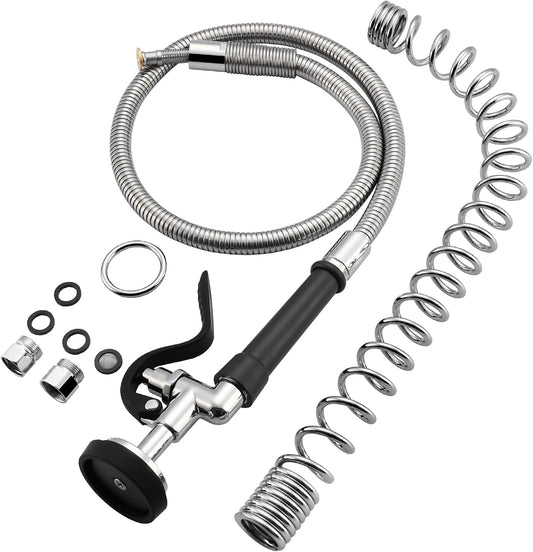 HWM Commercial Sink Sprayer with 45” Flexible Stainless Steel Pre Rinse Hose & Overhead Spring Replacement Kit for Commercial Kitchen Sink Faucets