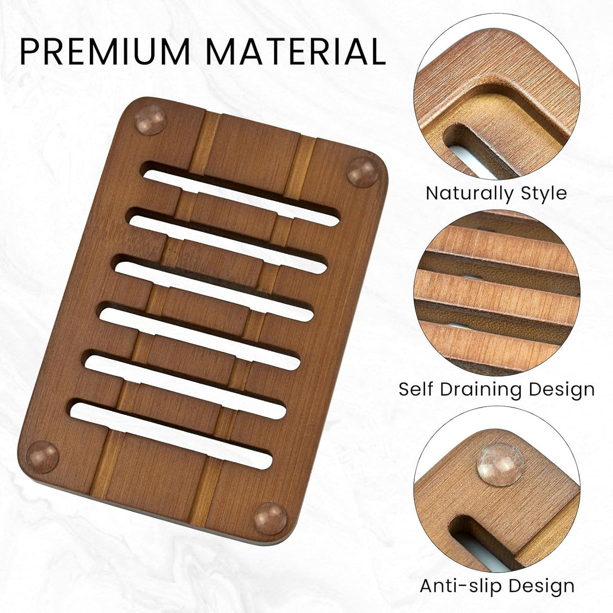 2 Pack FSC Bamboo Soap Dish, Slotted Self-Draining Bar Soap Holder