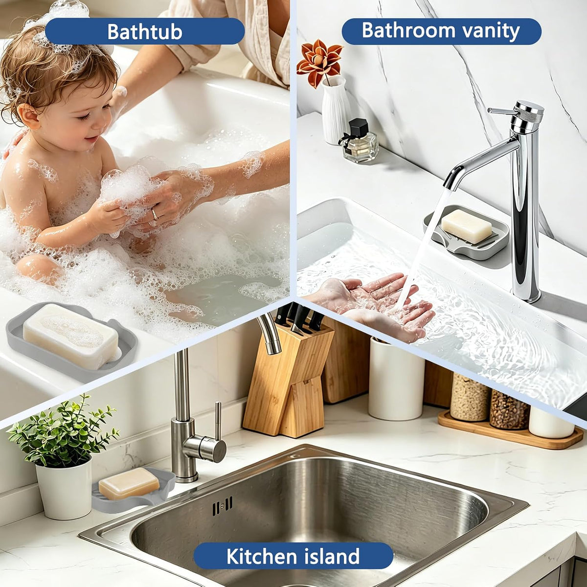 2 Pack Silicone Soap Dishes with Drain, Waterfall Drying Trays, Self-Draining Soap Bar Holders for Shower, Bathroom and Kitchen Sink, Gray