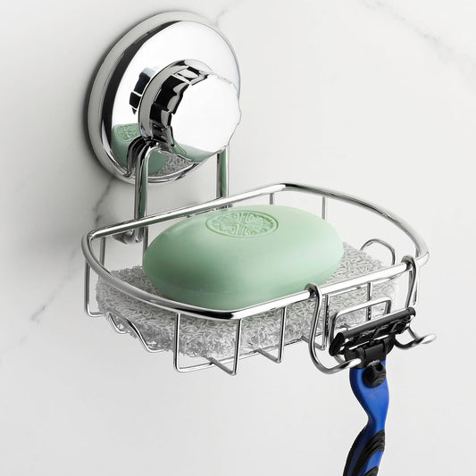 HASKO Suction Cup Soap Dish for Shower with Hooks and Soap Saver, Silver